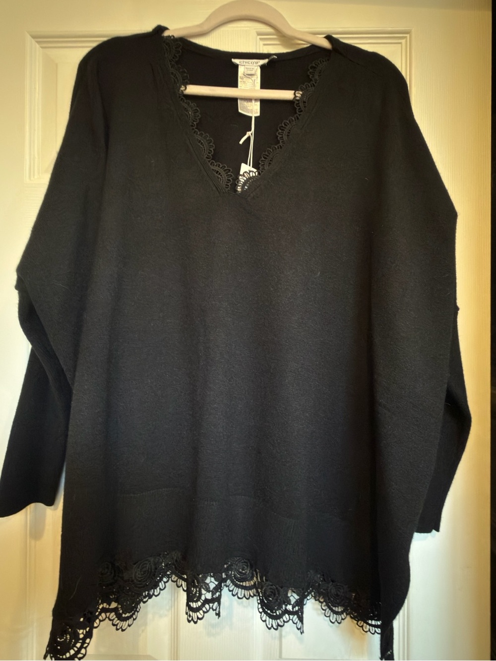 Chico's Black V-Neck Sweater with Lace Trim XL NWT